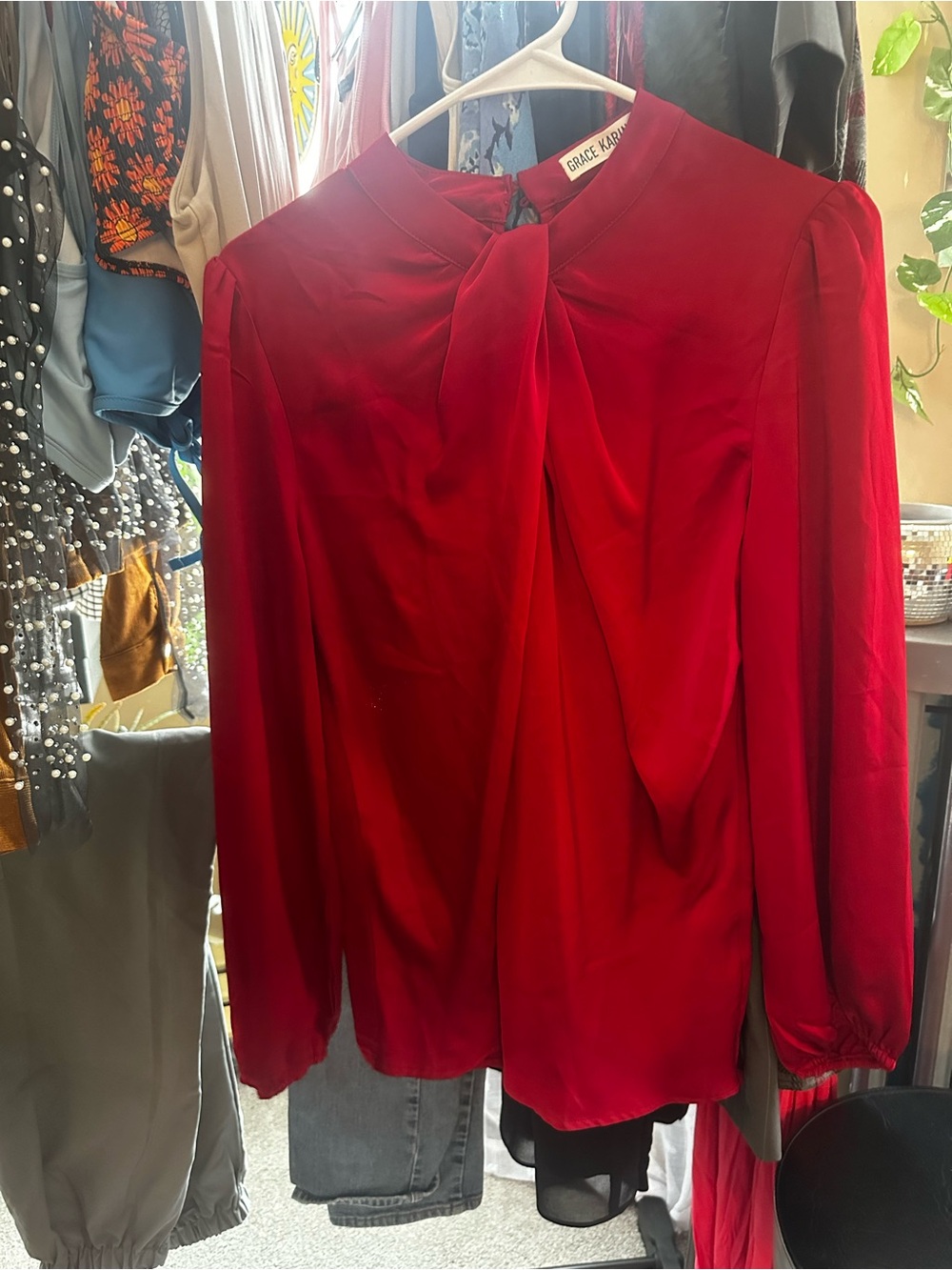Grace Karin Crimson Long-Sleeve Tie-Front Blouse